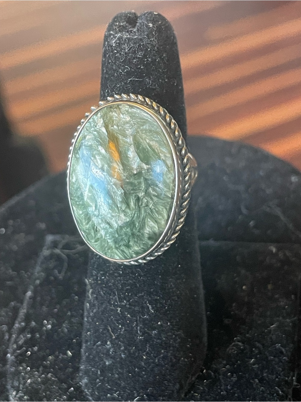 Sterling Silver Green Seraphinite Oval Statement Ring